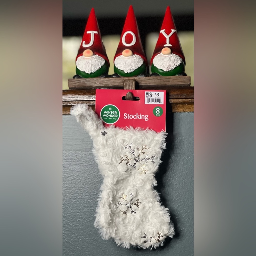 Brand New Winter Wonder Lane 8” White gold/silver sequin snowflakes stocking
